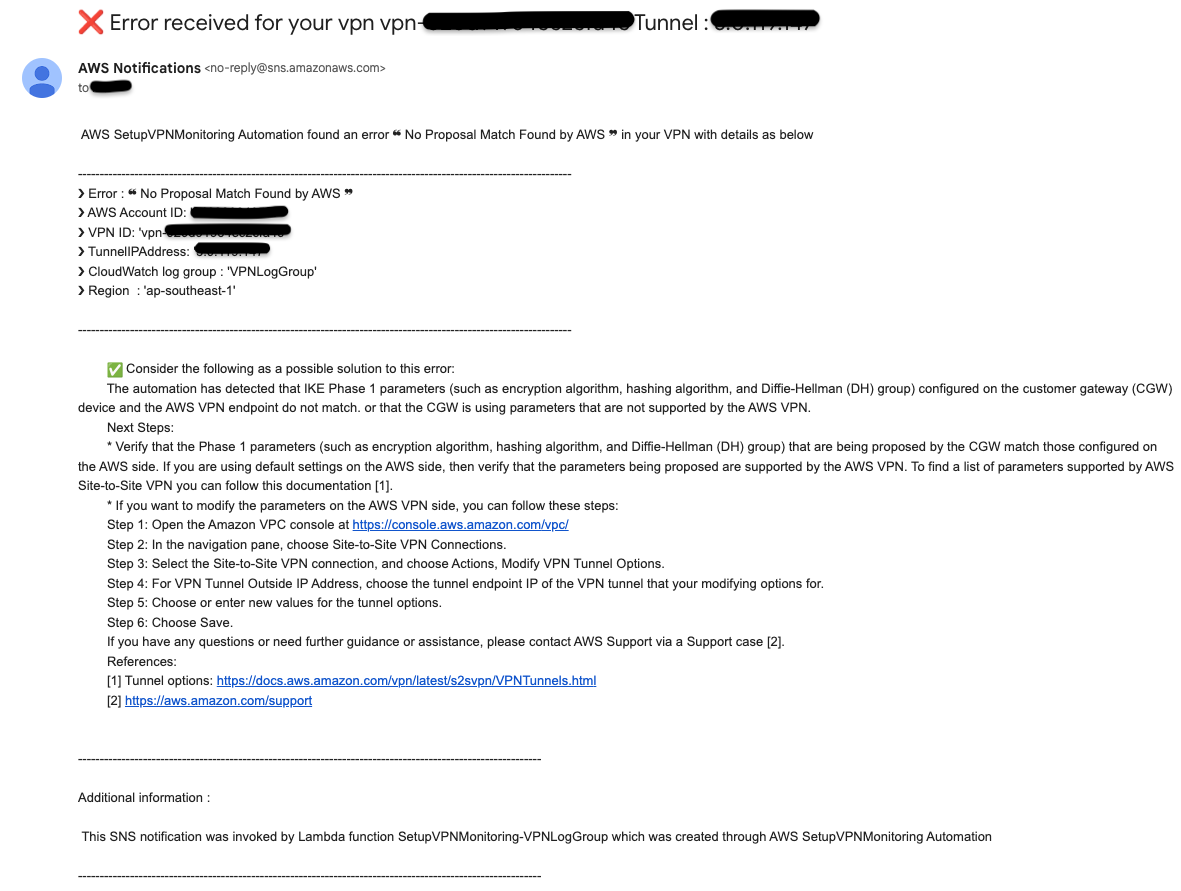 Notification email for a sample error “No Proposal Match Found by AWS”